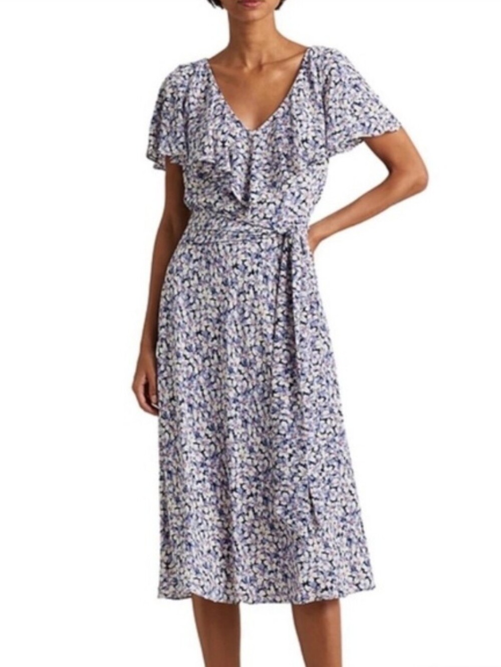 Lauren Ralph Lauren Blacl Label Floral Blue & Pink V-Neck Midi Dress W/belt Sz 8